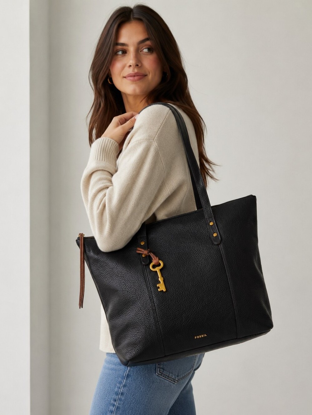  ✨ Fossil Jenna Black Pebbled Leather Tol Zip Tote Bag - EUC